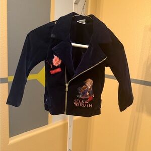 Disney Frozen II navy velour moto jacket for girls.